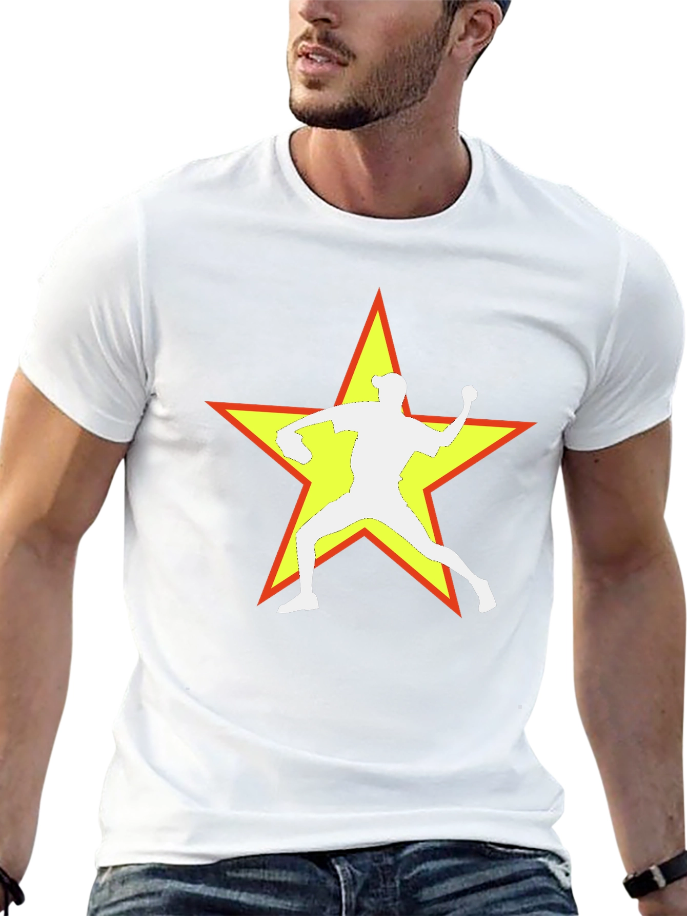 Camiseta Negra con Estrella y Lanzador de Béisbol