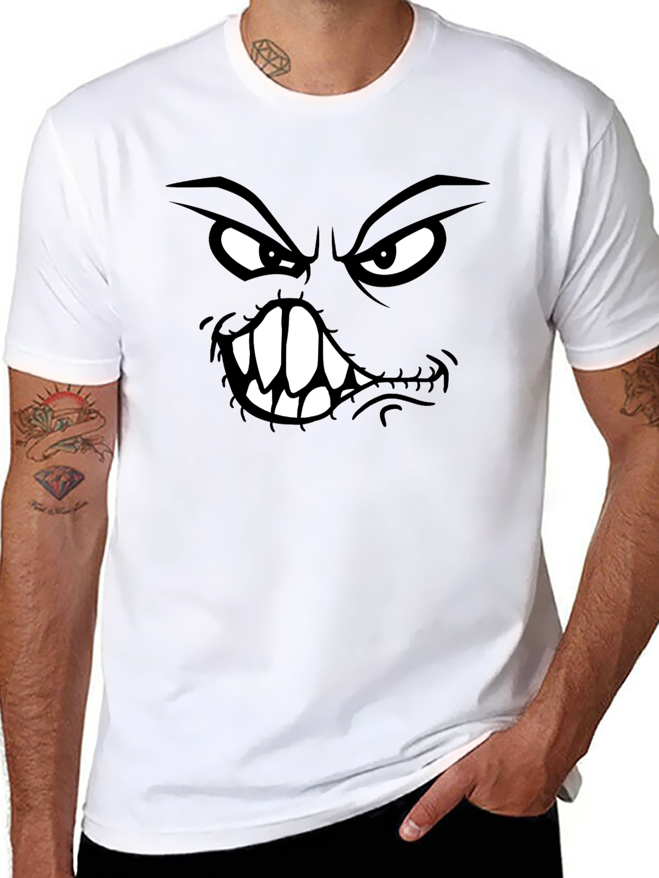Camiseta Negra con Estampado de Cara Monstruosa