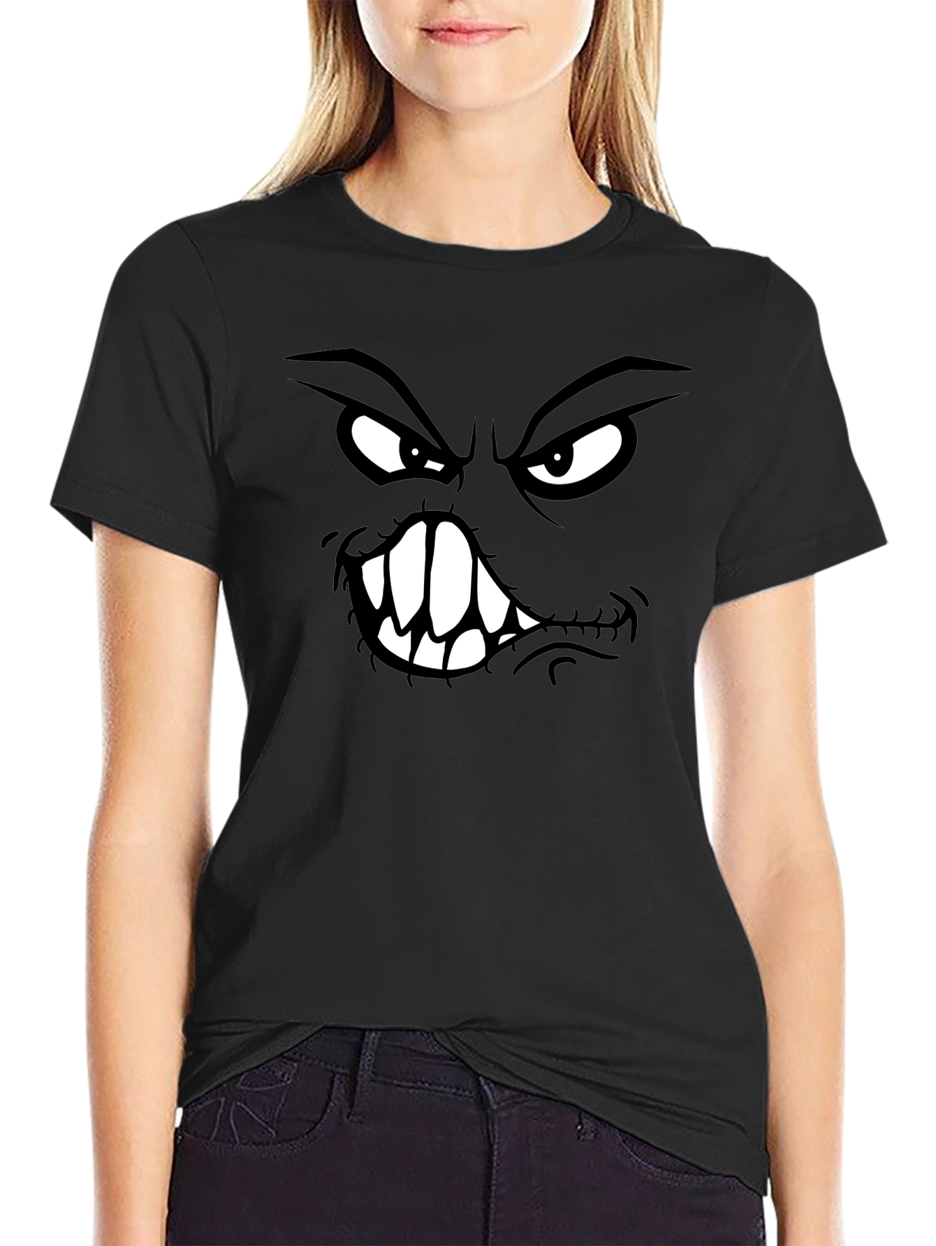 Camiseta Negra con Estampado de Cara Monstruosa