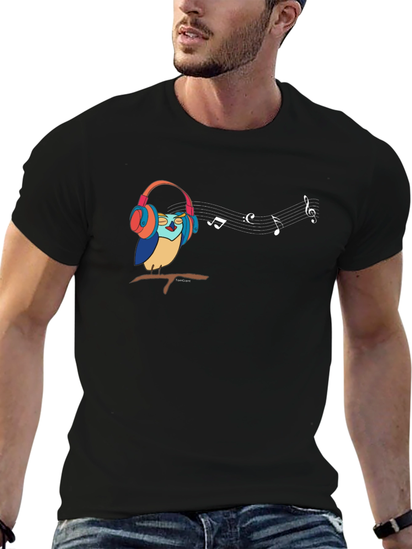 Camiseta Negra con Diseño de Búho Musical