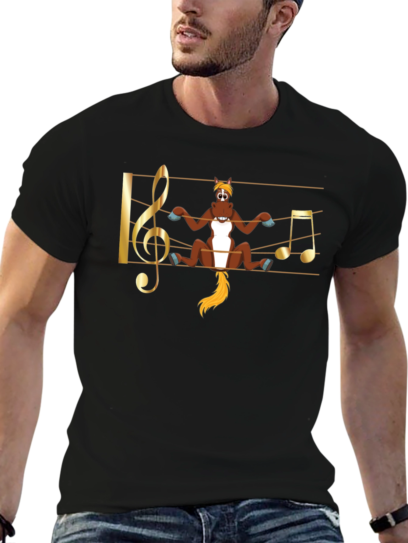 Camiseta Negra con Diseño Musical de Caballo Divertido