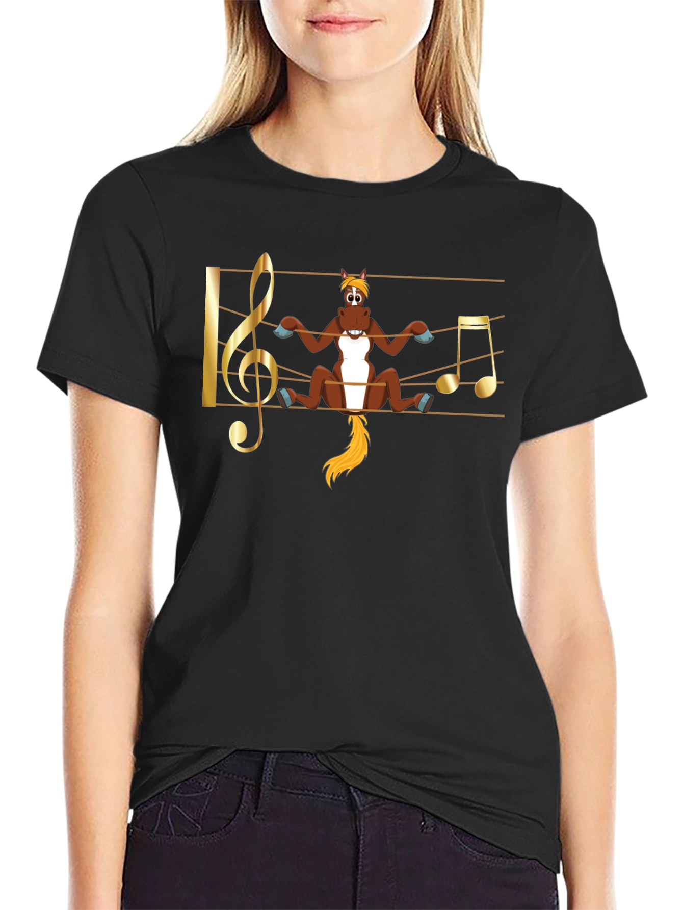 Camiseta Negra con Diseño Musical de Caballo Divertido