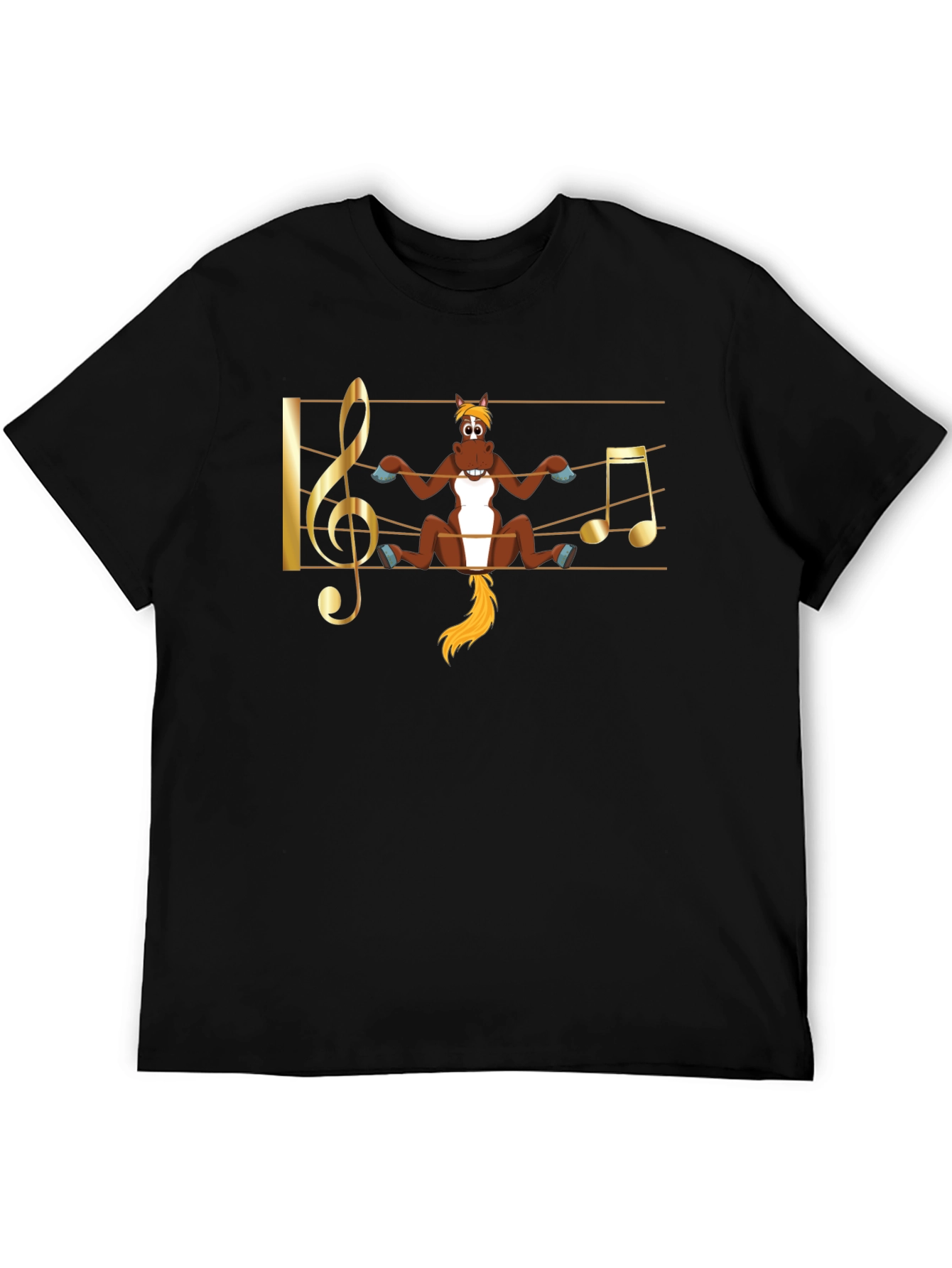 Camiseta Negra con Diseño Musical de Caballo Divertido