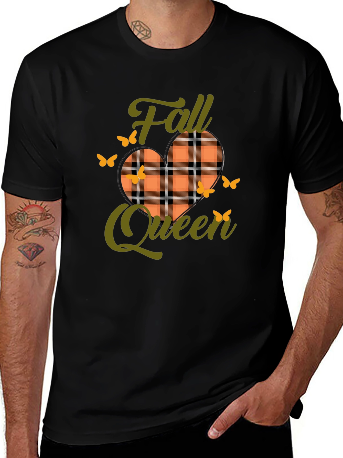 Camiseta Negra Reina de Otoño con Diseño a Cuadros