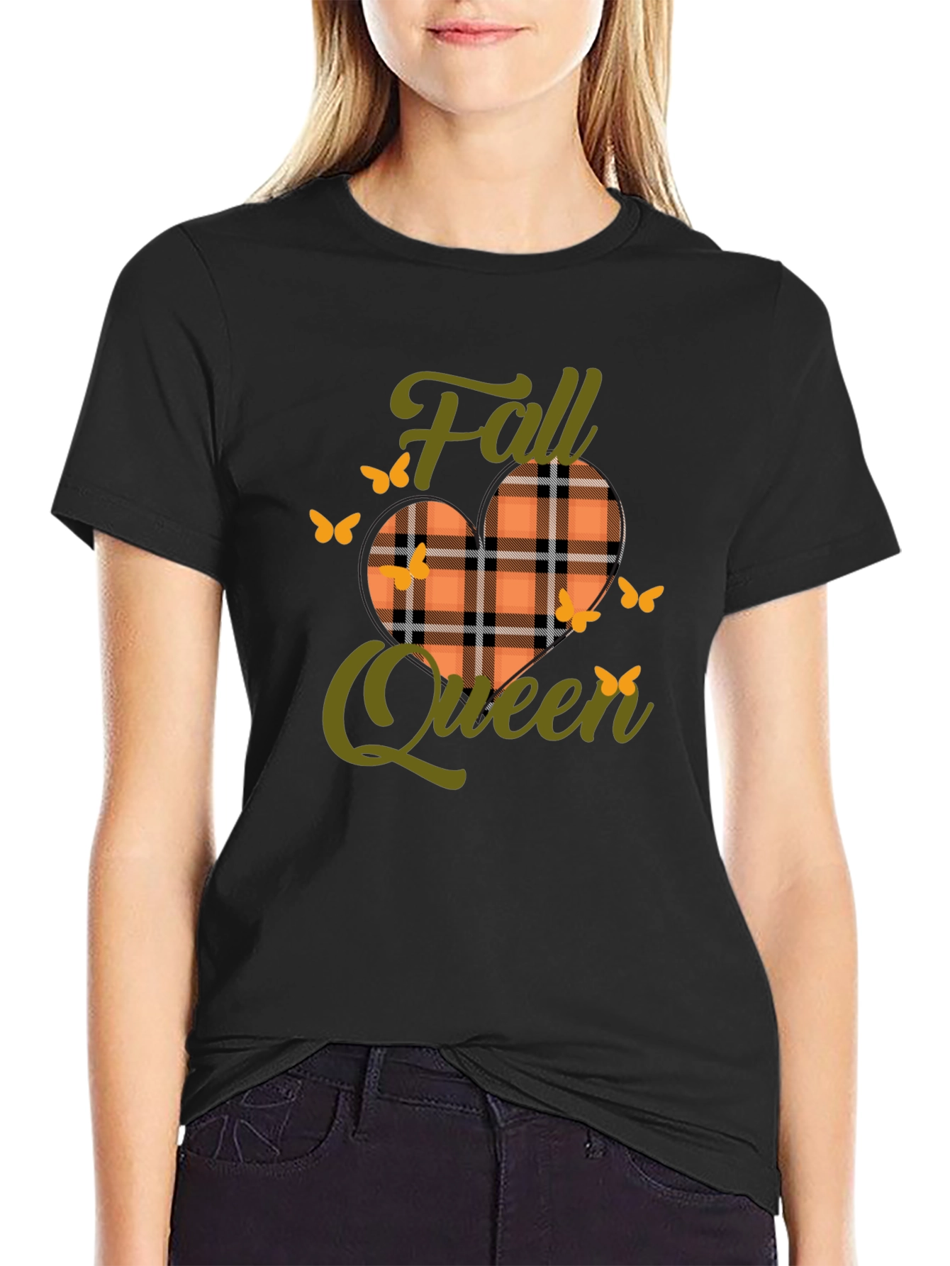 Camiseta Negra Reina de Otoño con Diseño a Cuadros