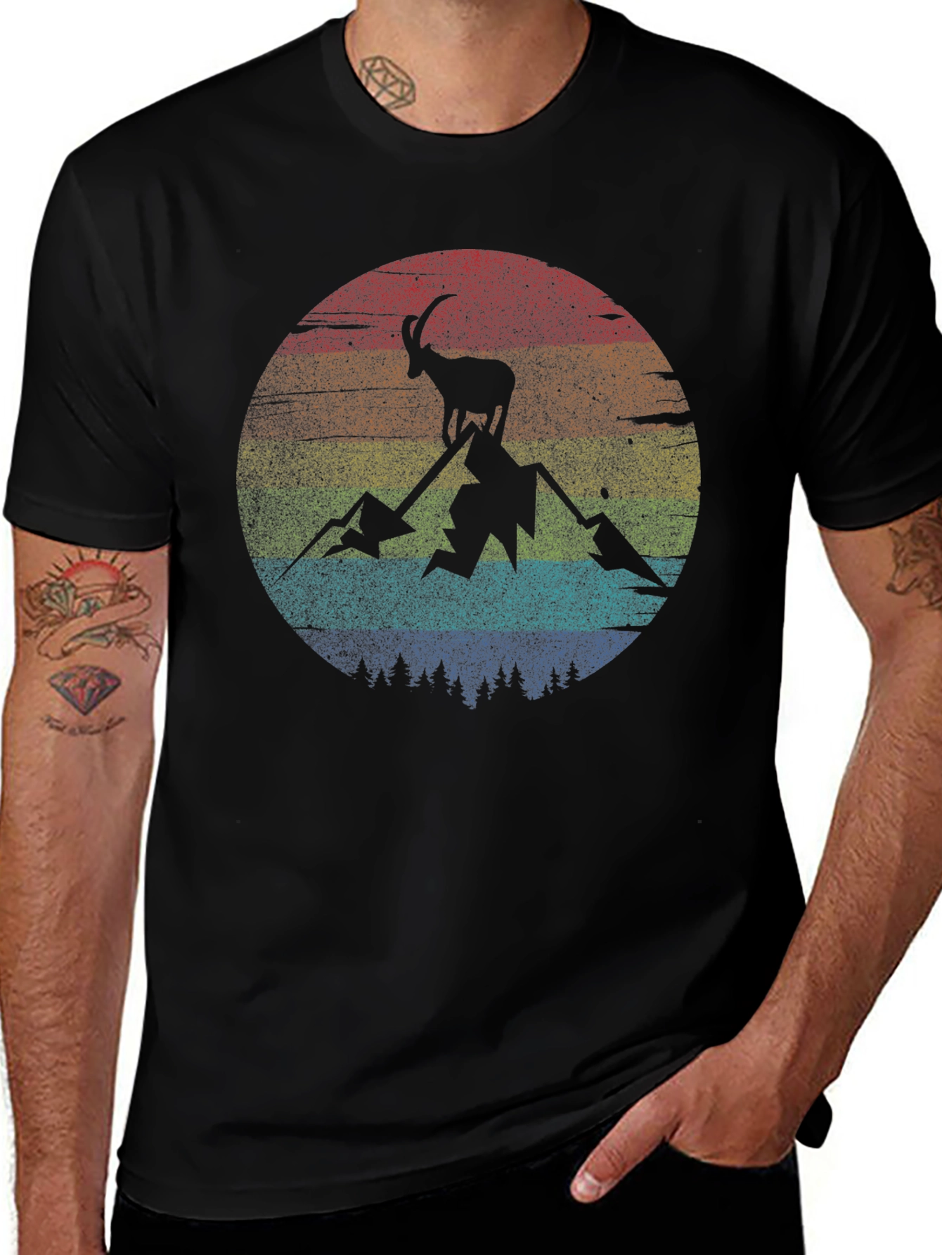 Camiseta Negra con Diseño de Cabra Montañera Retro