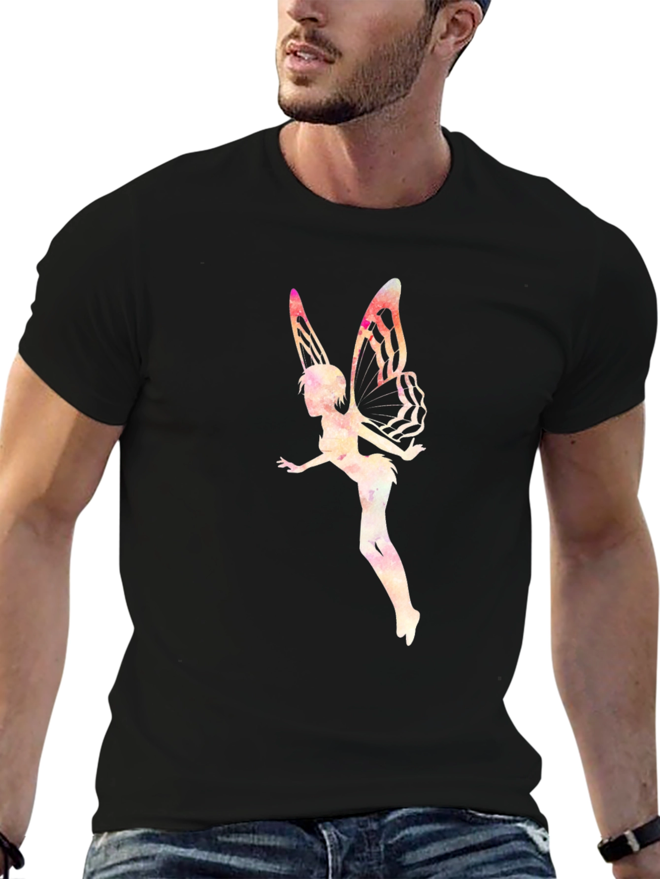 Camiseta Negra con Diseño de Hada Acuarela