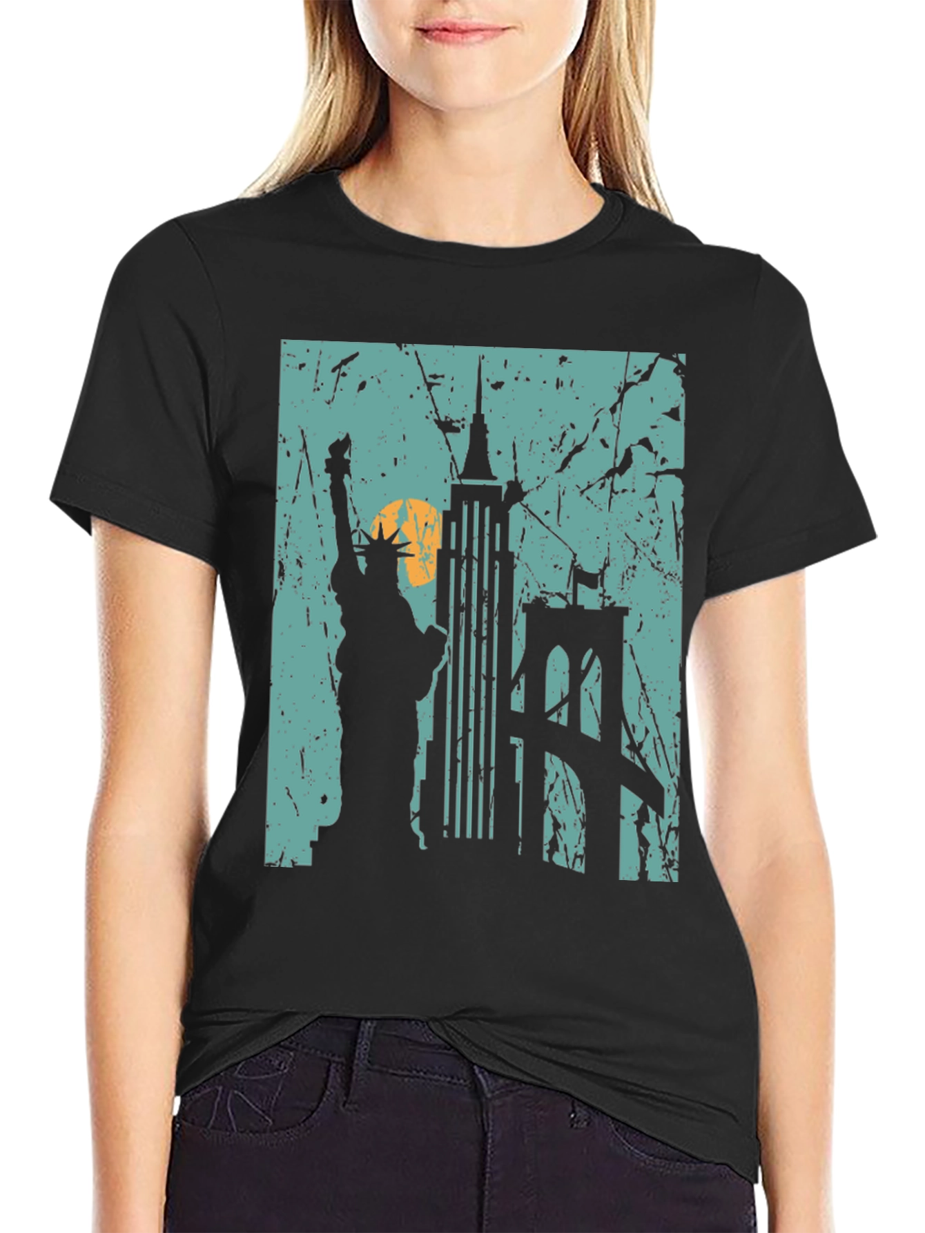 Camiseta Negra Nueva York Estatua Libertad Puente