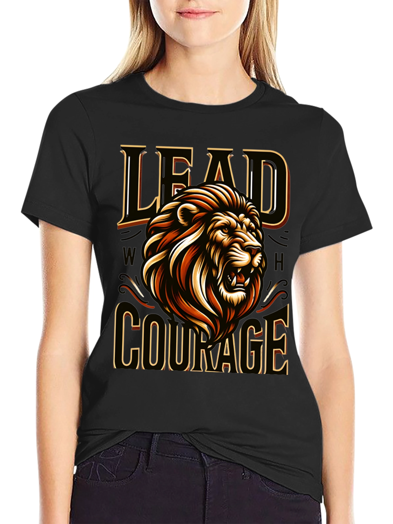 Camiseta Negra con Diseño de León Liderazgo