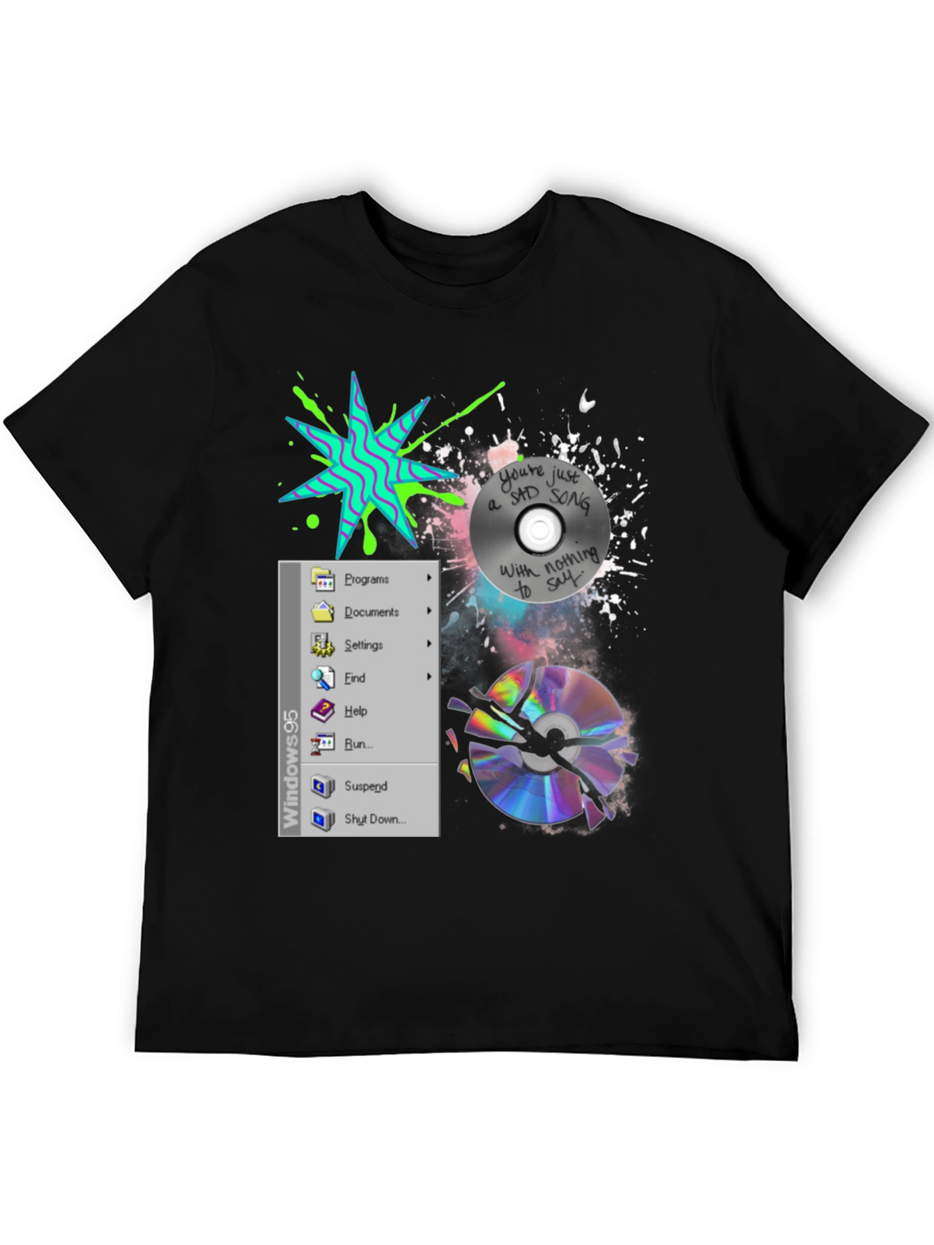 Camiseta Negra con Diseño Windows 95 y CD Roto