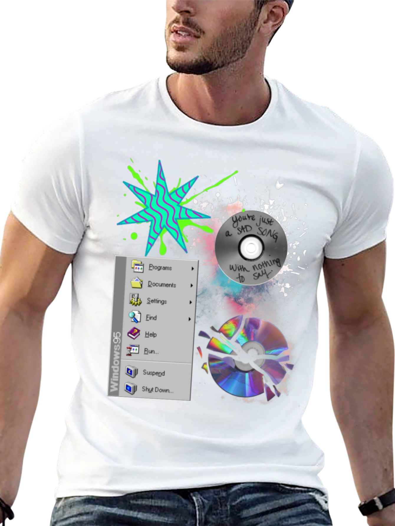 Camiseta Negra con Diseño Windows 95 y CD Roto