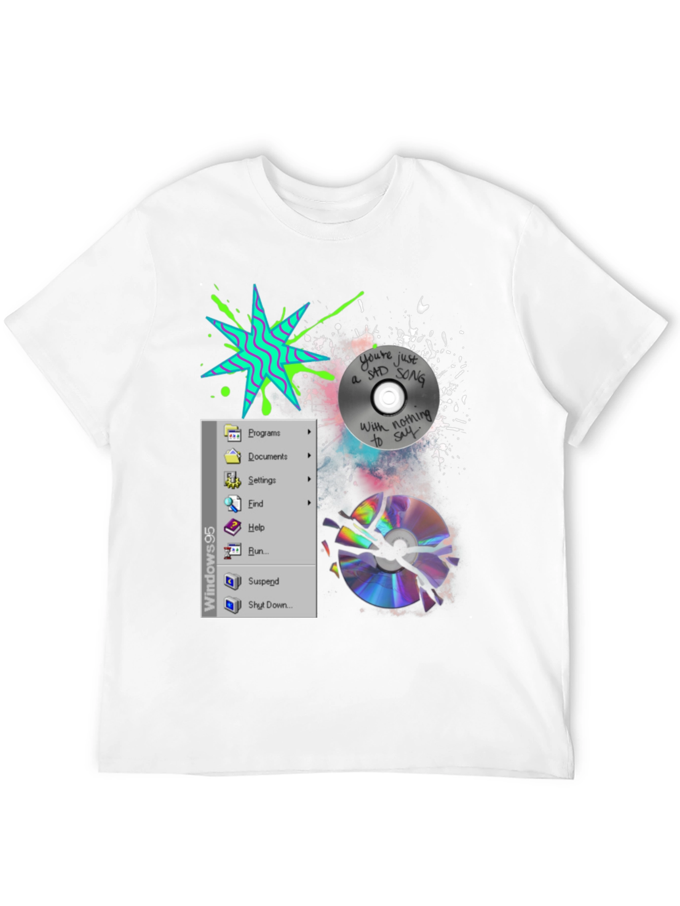 Camiseta Negra con Diseño Windows 95 y CD Roto