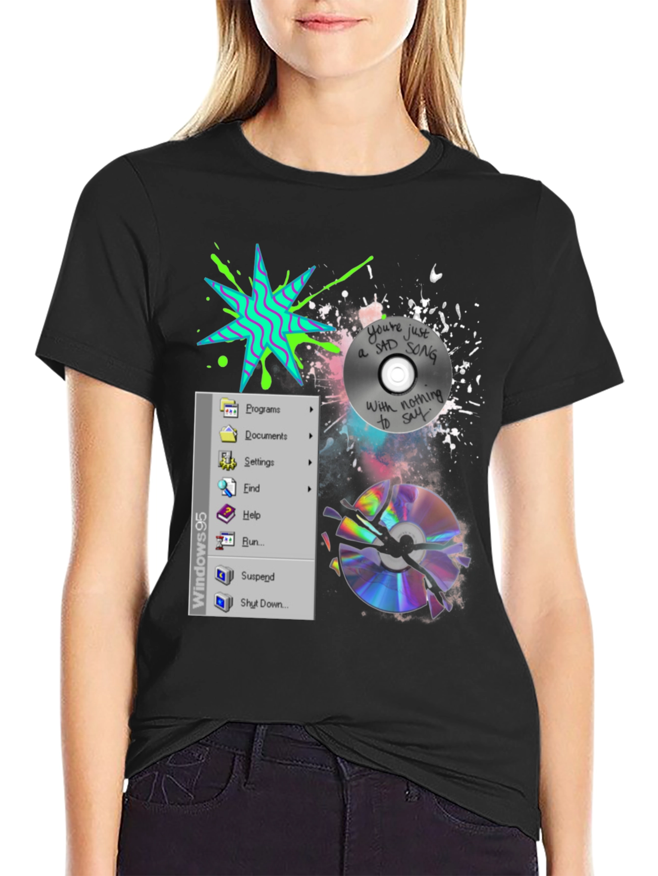 Camiseta Negra con Diseño Windows 95 y CD Roto