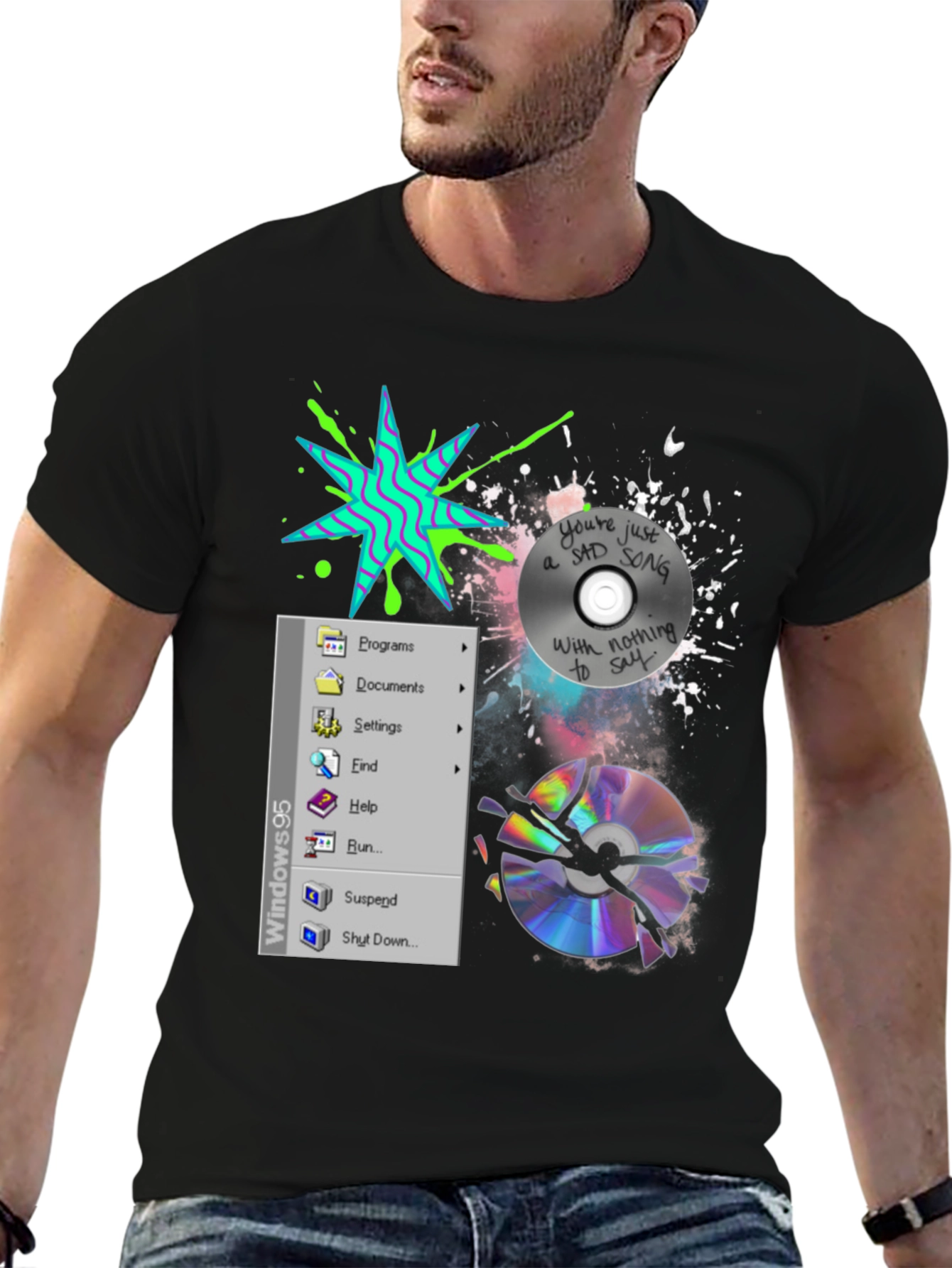 Camiseta Negra con Diseño Windows 95 y CD Roto