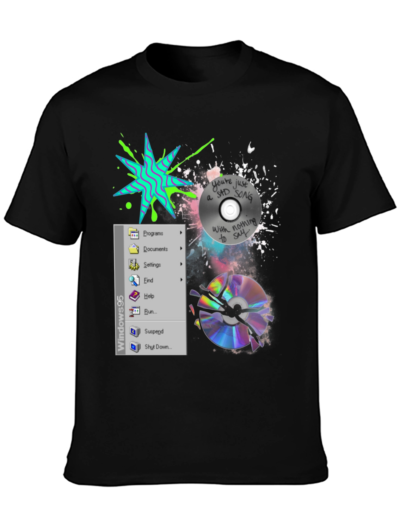 Camiseta Negra con Diseño Windows 95 y CD Roto