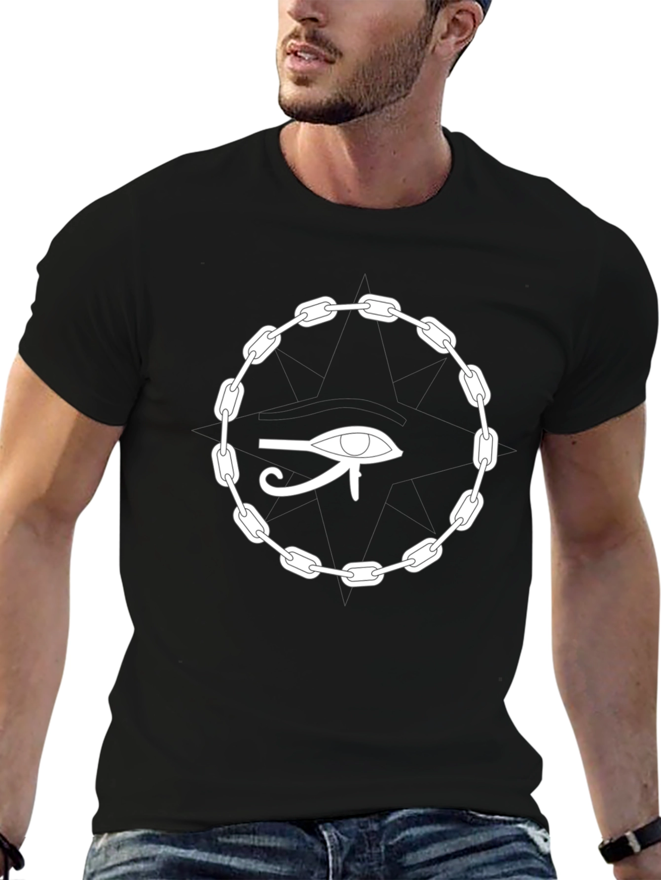 Camiseta Negra Ojo Egipcio Cadena Unisex Algodón