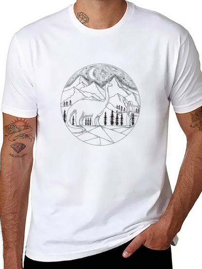 Camiseta Negra Estampada de Montaña para Hombre