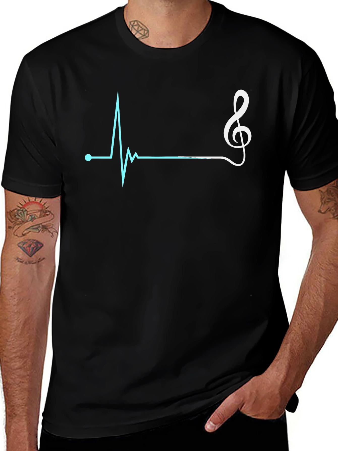 Camiseta Negra con Diseño de Ritmo Cardíaco Musical