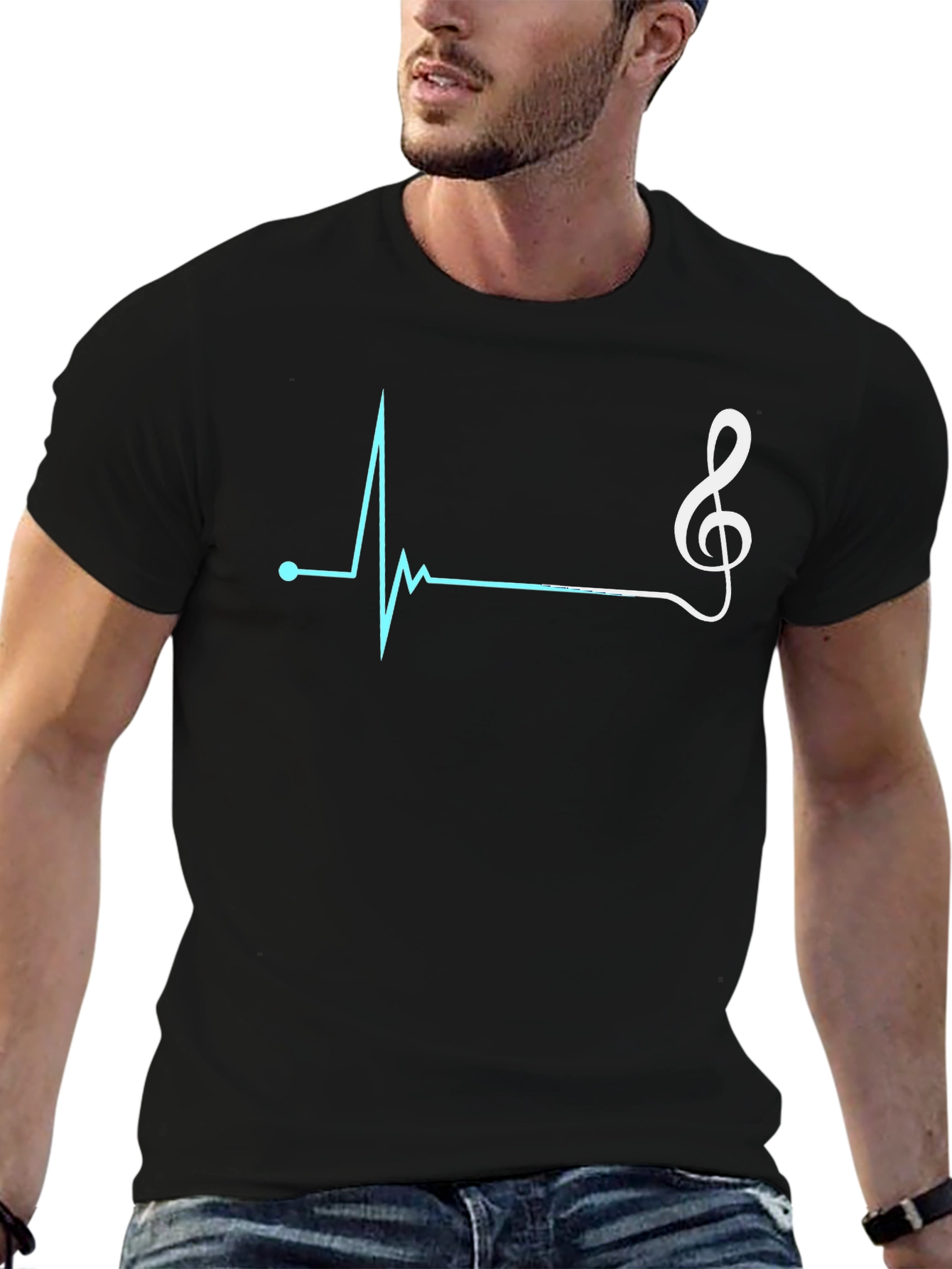 Camiseta Negra con Diseño de Ritmo Cardíaco Musical