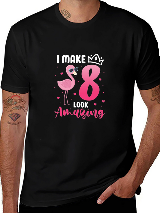 Camiseta Negra: Cumpleaños 8 Flamingo