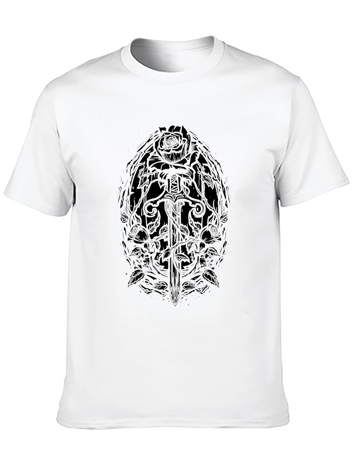 Camiseta Negra Diseño Rosa y Espada
