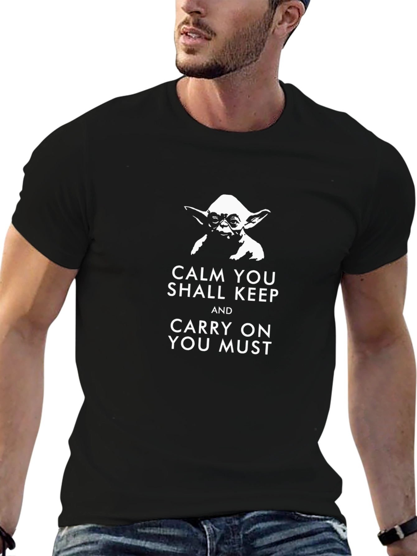 Camiseta Negra Yoda: Cálmate y Sigue Adelante