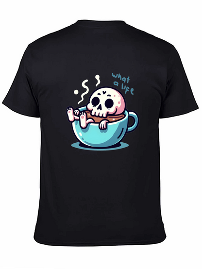 Camiseta negra con diseño de calavera en taza