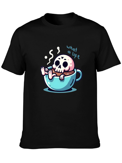 Camiseta negra con diseño de calavera en taza