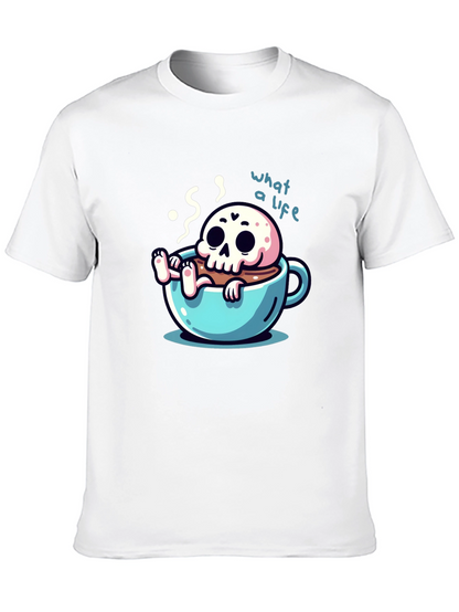 Camiseta negra con diseño de calavera en taza