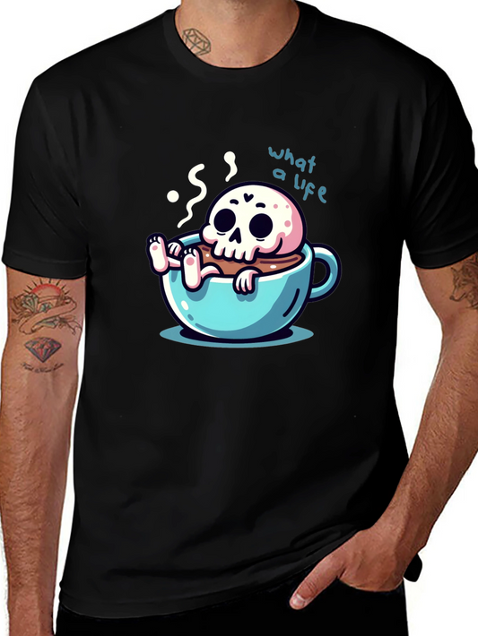Camiseta negra con diseño de calavera en taza