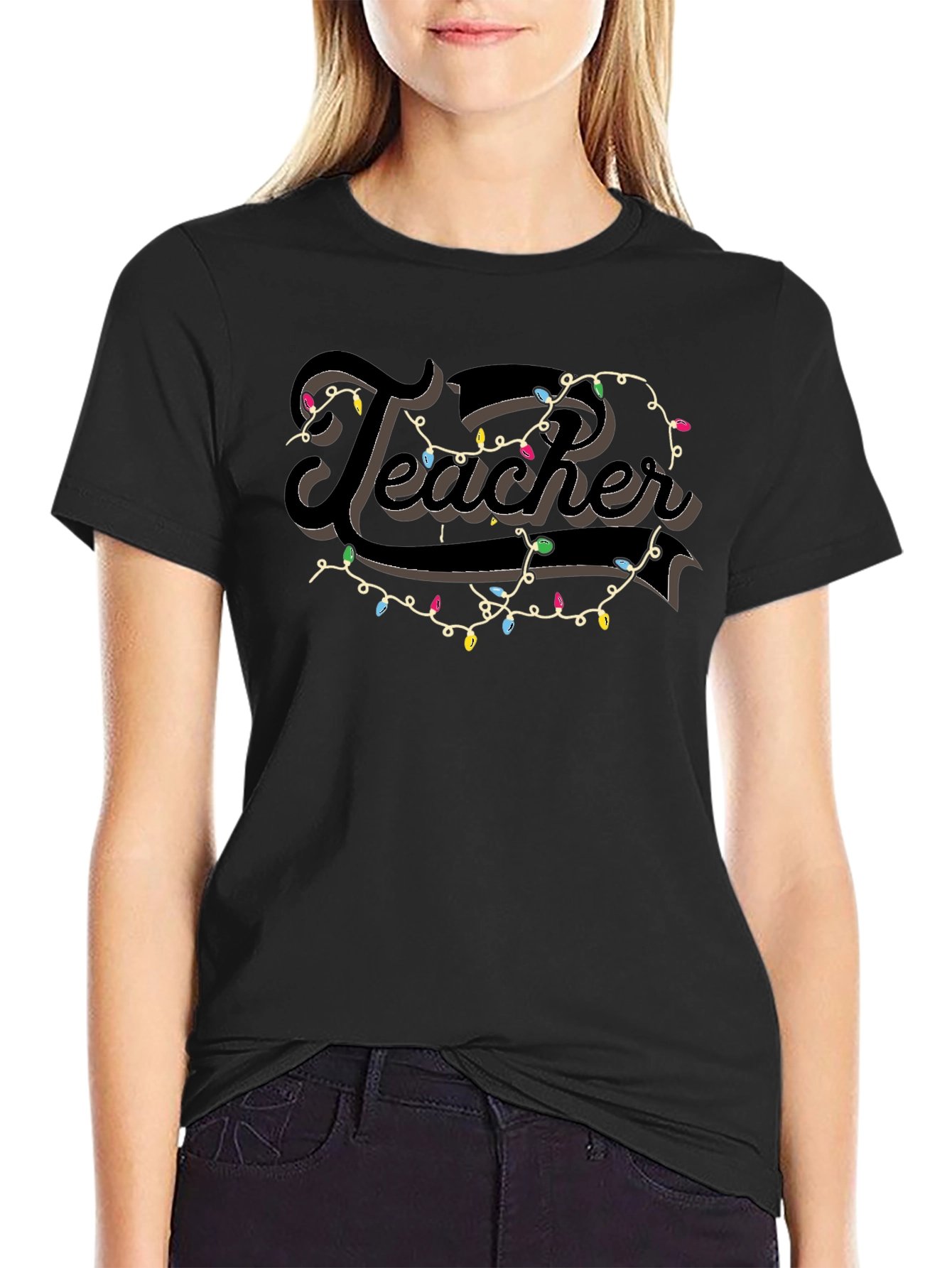 Camiseta Negra Teacher con Guirnalda Navideña