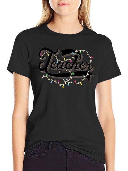 Camiseta Negra Teacher con Guirnalda Navideña