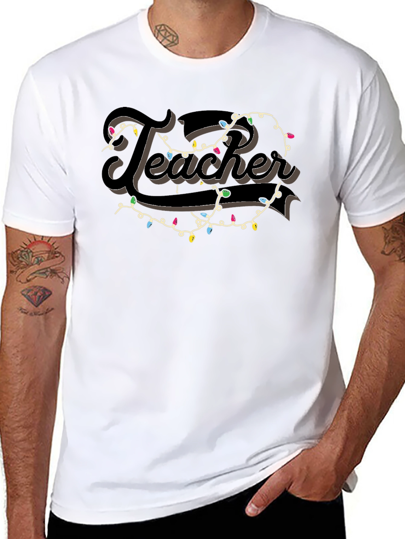 Camiseta Negra Teacher con Guirnalda Navideña