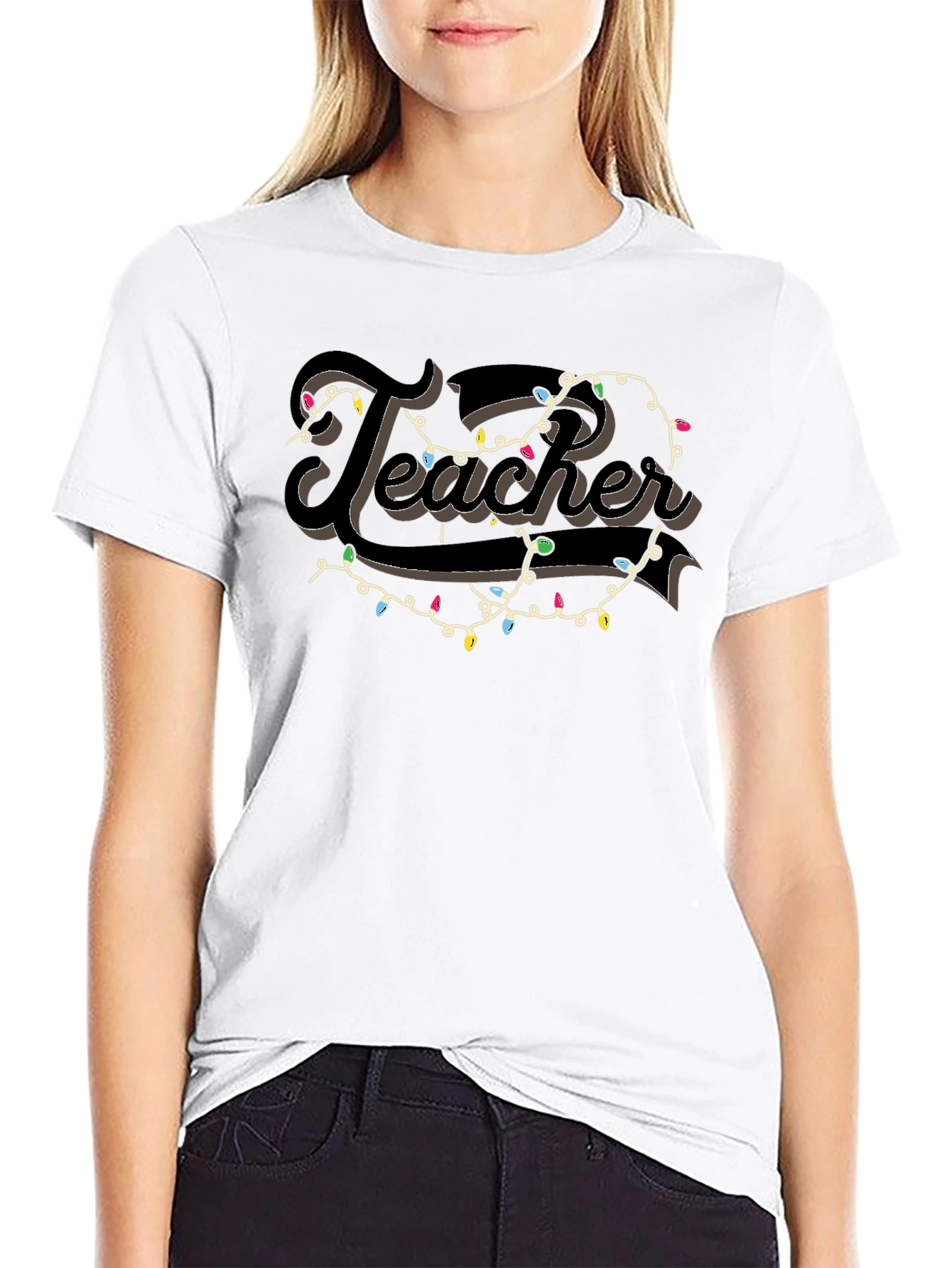 Camiseta Negra Teacher con Guirnalda Navideña