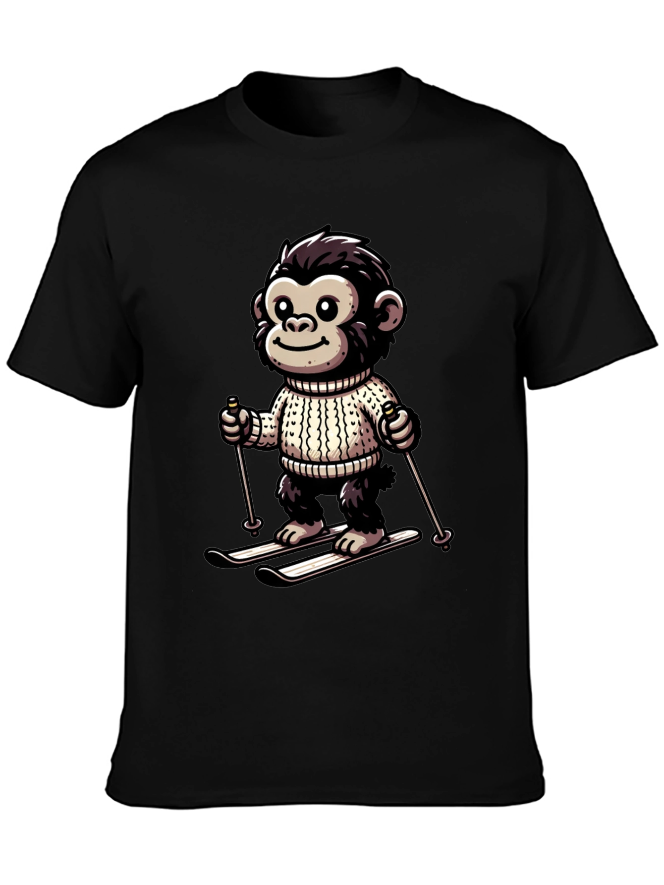 Camiseta Negra con Mono Esquiador Divertido
