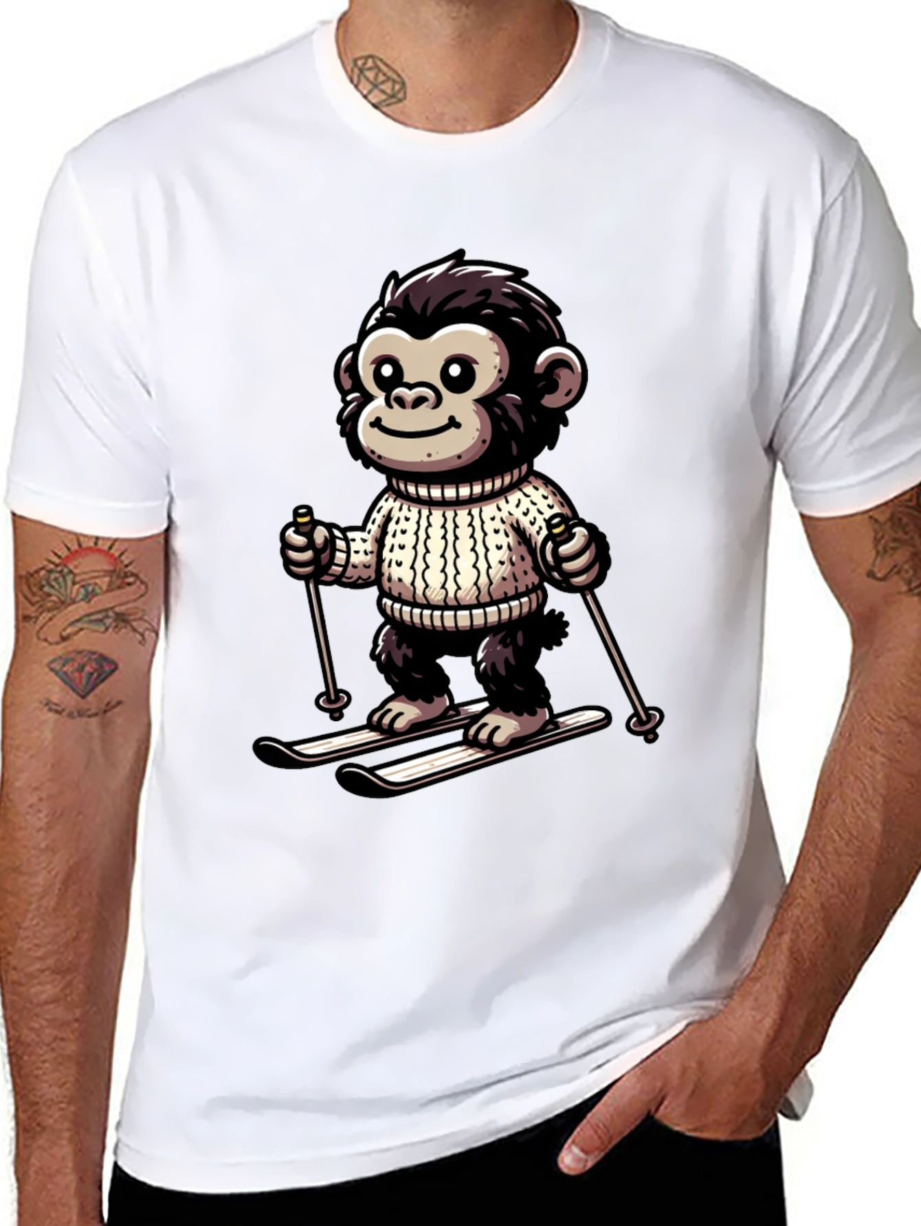 Camiseta Negra con Mono Esquiador Divertido