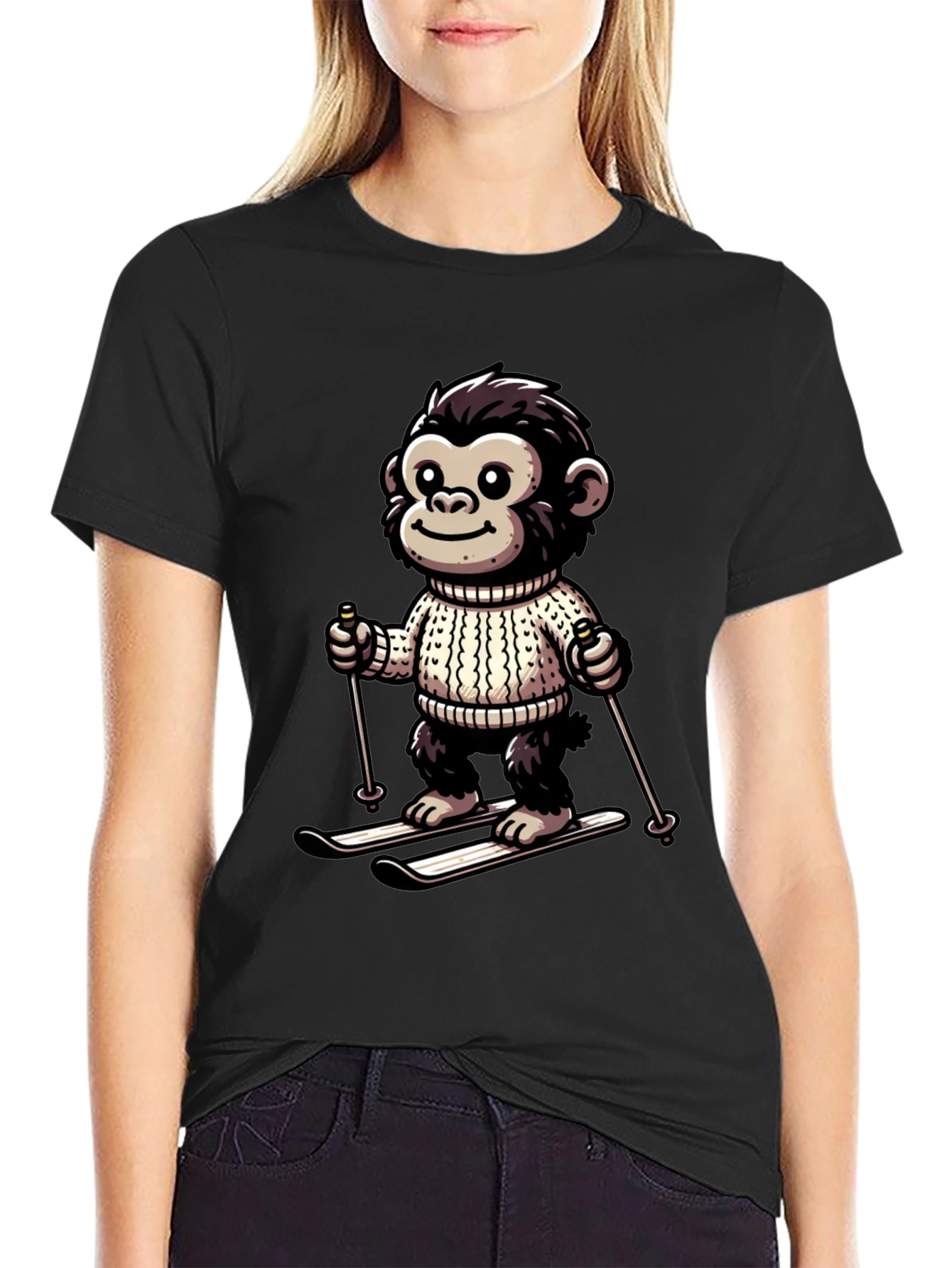 Camiseta Negra con Mono Esquiador Divertido
