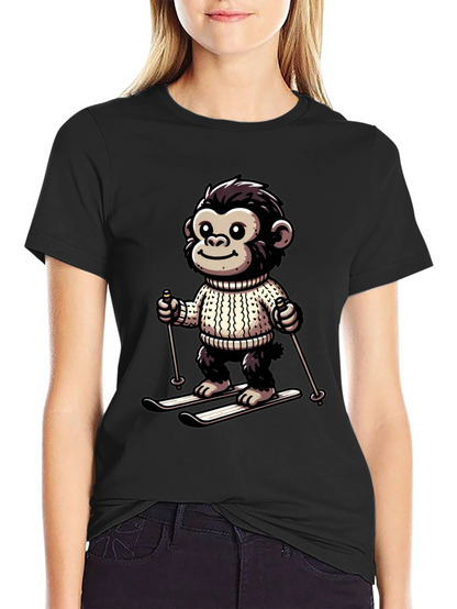 Camiseta Negra con Mono Esquiador Divertido