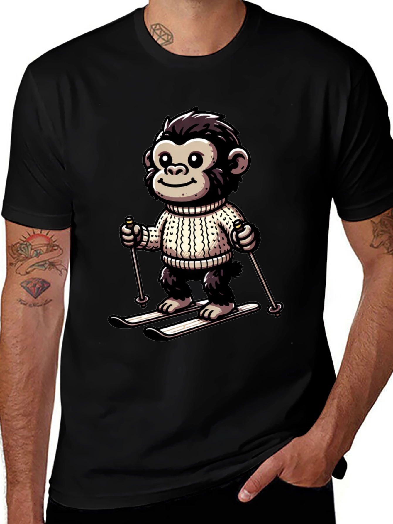 Camiseta Negra con Mono Esquiador Divertido