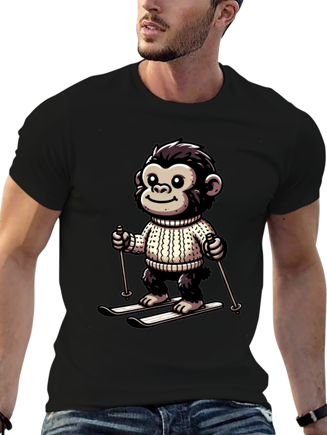 Camiseta Negra con Mono Esquiador Divertido