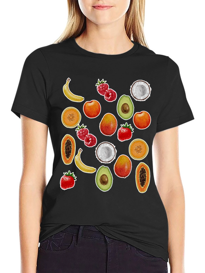 Camiseta Negra con Estampado de Frutas Tropicales