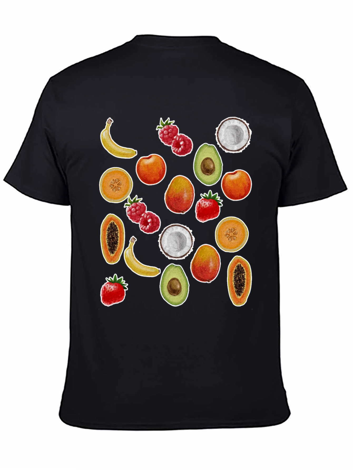 Camiseta Negra con Estampado de Frutas Tropicales