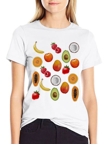 Camiseta Negra con Estampado de Frutas Tropicales