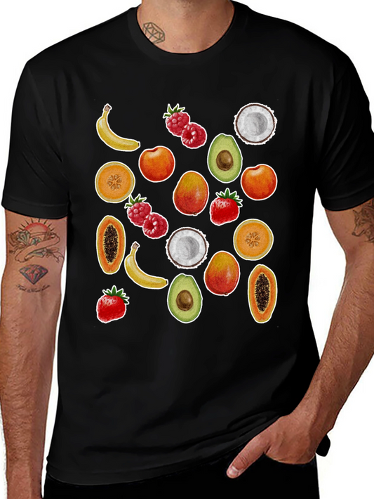 Camiseta Negra con Estampado de Frutas Tropicales