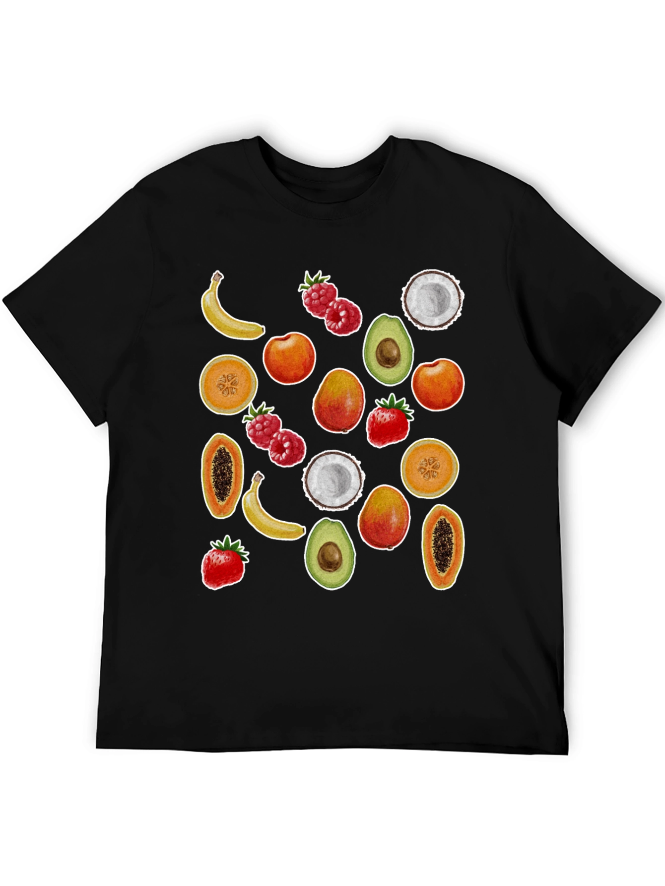 Camiseta Negra con Estampado de Frutas Tropicales