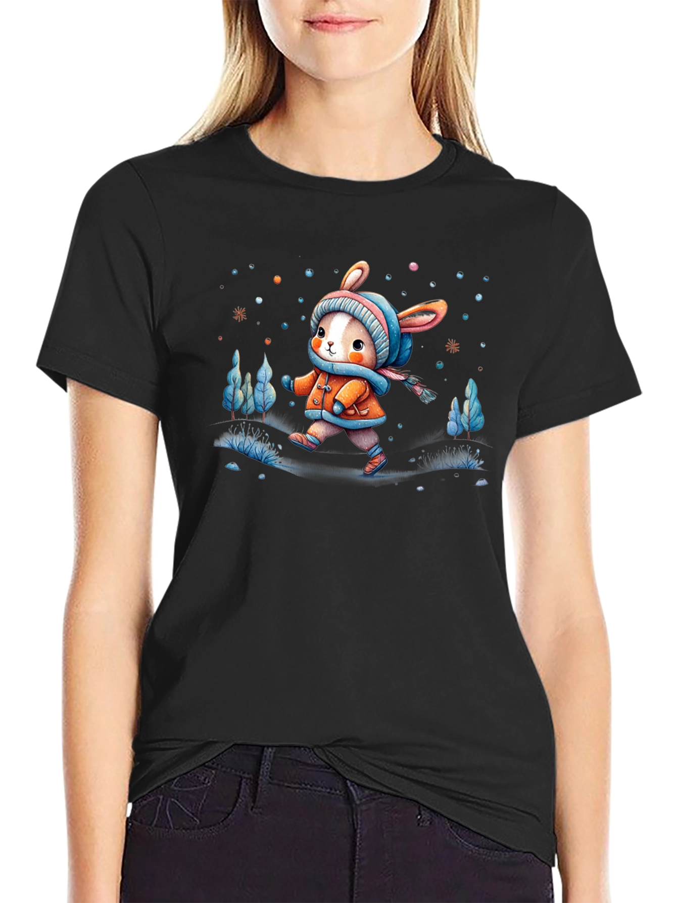 Camiseta Negra Conejito Invernal Infantil