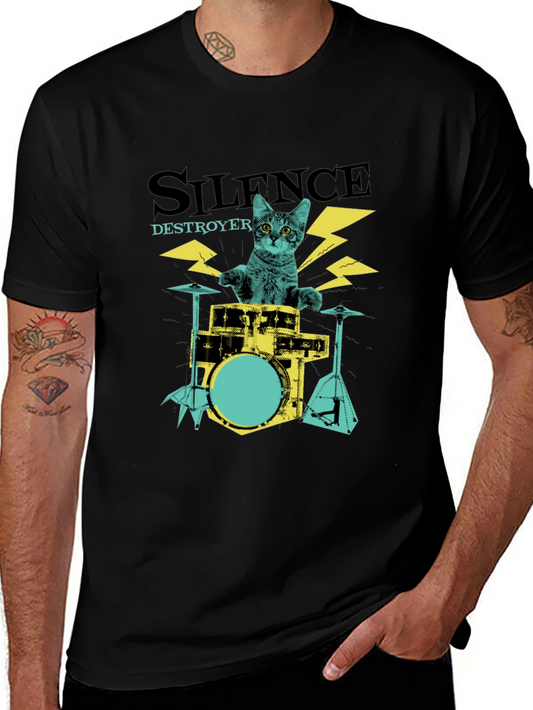 Camiseta Negra Silence Destroyer Gato Baterista