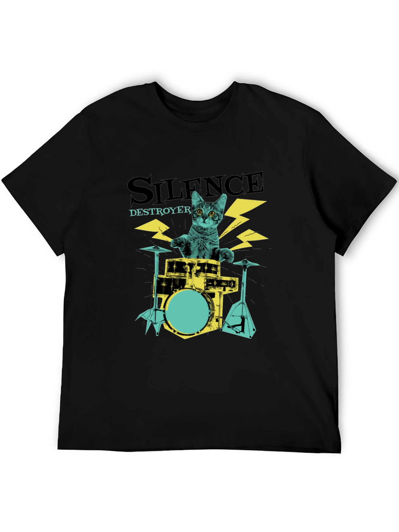 Camiseta Negra Silence Destroyer Gato Baterista