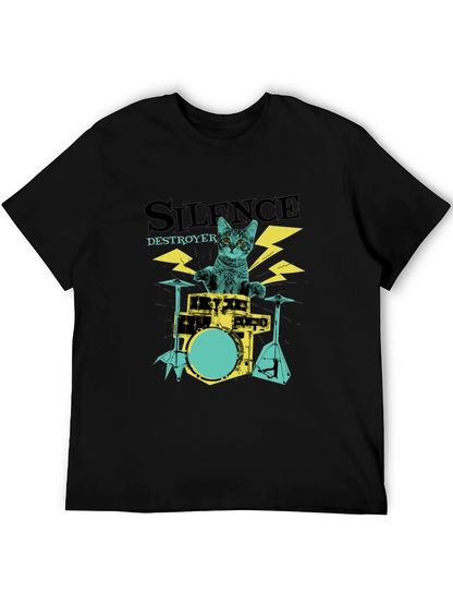 Camiseta Negra Silence Destroyer Gato Baterista