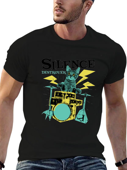 Camiseta Negra Silence Destroyer Gato Baterista